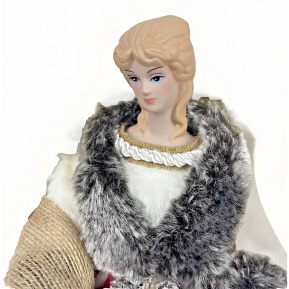 North Pole Trading Co Angel Tree Topper Noel Feather Wings Red Fur trim 13" Tall - Picture 2 of 8